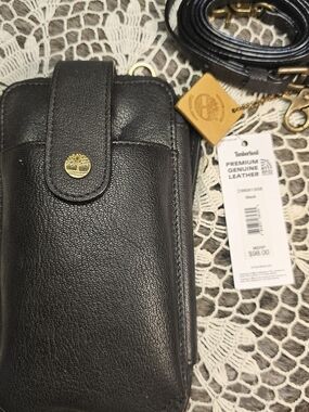 Timberland Black Leather Crossbody Phone Pouch And Zip Wallet And Strap.